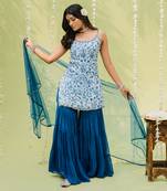 Teal blue floral printed sharara set