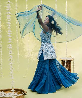 Teal blue floral printed sharara set 2