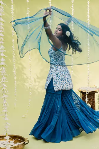 Teal blue floral printed sharara set