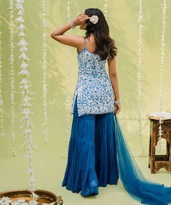 Teal blue floral printed sharara set 3
