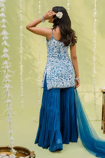 Teal blue floral printed sharara set