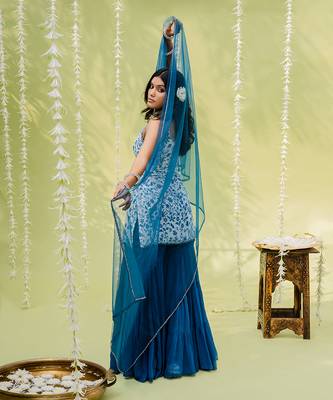 Teal blue floral printed sharara set 5