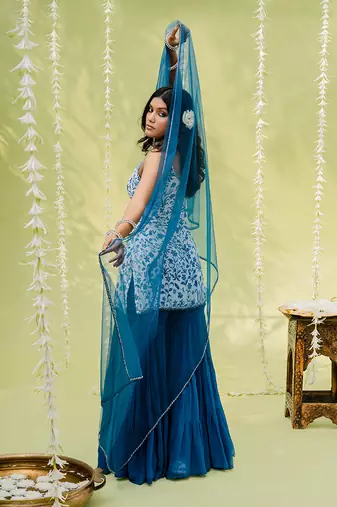 Teal blue floral printed sharara set