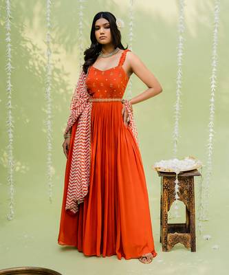 Reddish orange embroidered anarkali set 1