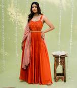 Reddish orange embroidered anarkali set