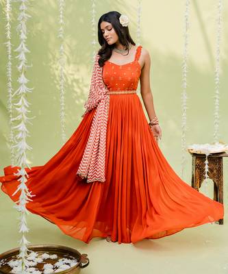 Reddish orange embroidered anarkali set 2