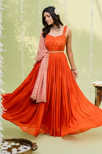 Reddish orange embroidered anarkali set