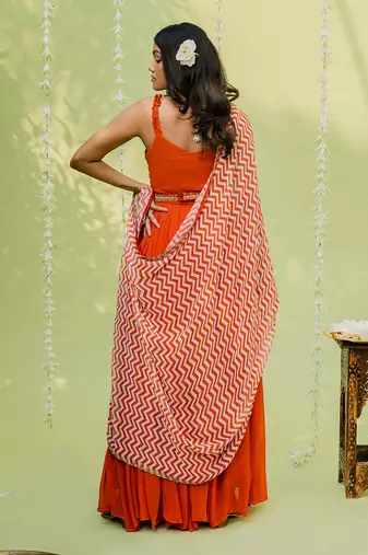 Reddish orange embroidered anarkali set
