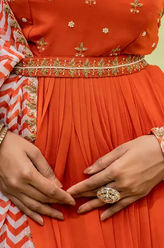 Reddish orange embroidered anarkali set