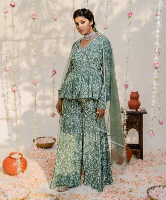 Olive green embroidered peplum sharara set 1