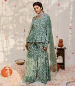 Olive green embroidered peplum sharara set