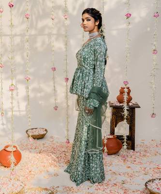 Olive green embroidered peplum sharara set 2