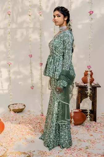 Olive green embroidered peplum sharara set