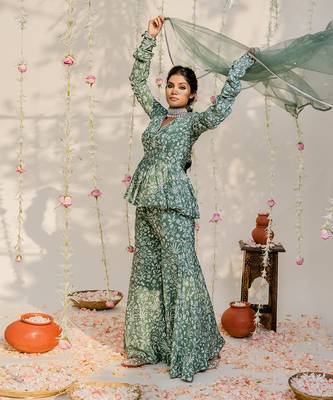 Olive green embroidered peplum sharara set 3