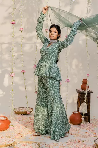Olive green embroidered peplum sharara set