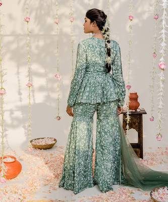 Olive green embroidered peplum sharara set 4