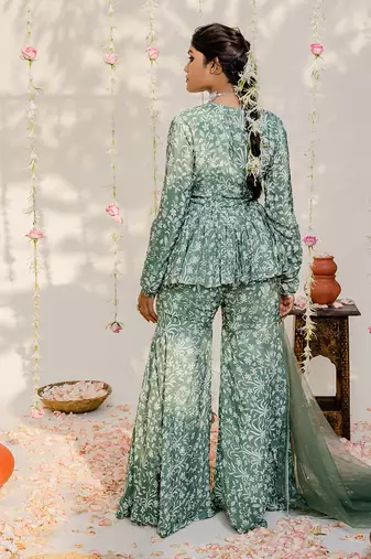 Olive green embroidered peplum sharara set