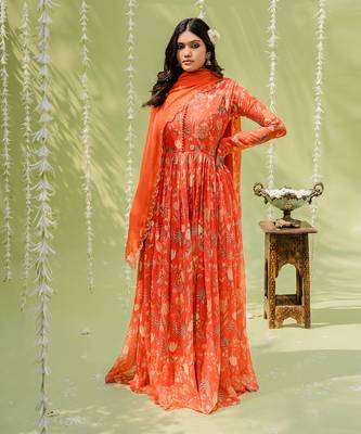 Rust orange embroidered anarkali set 1