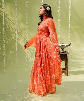 Rust orange embroidered anarkali set 2