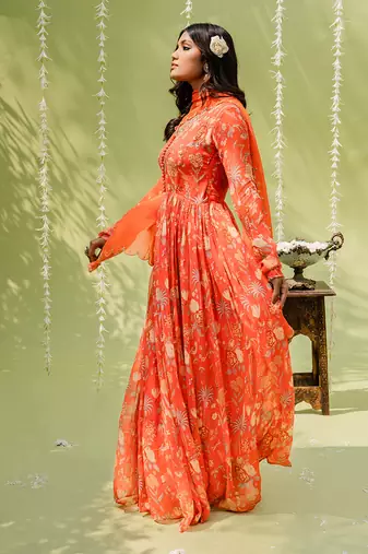 Rust orange embroidered anarkali set