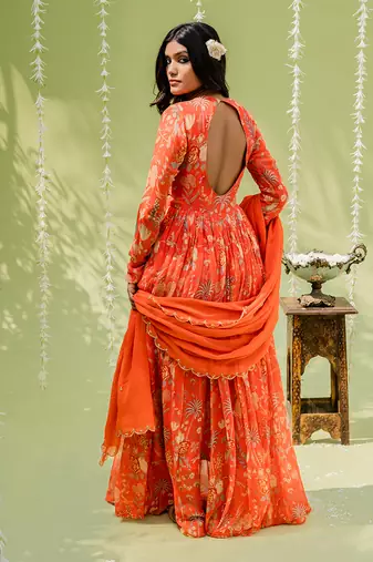 Rust orange embroidered anarkali set