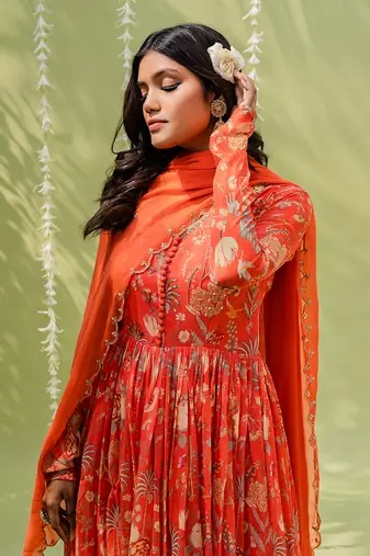 Rust orange embroidered anarkali set
