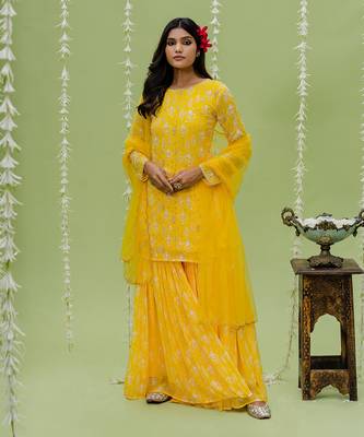 Sunny yellow printed embroidered sharara set 1