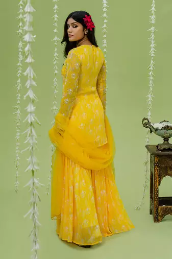 Sunny yellow printed embroidered sharara set