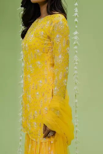 Sunny yellow printed embroidered sharara set