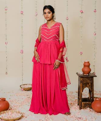 Fuschia pink pleated embroidered peplum sharara set 1