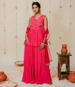 Fuschia pink pleated embroidered peplum sharara set
