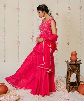 Fuschia pink pleated embroidered peplum sharara set 2