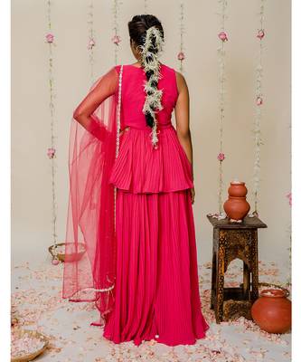 Fuschia pink pleated embroidered peplum sharara set 3
