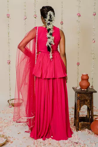 Fuschia pink pleated embroidered peplum sharara set