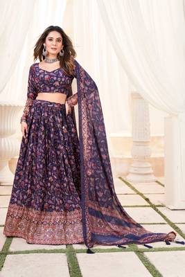 Navyblue Crush Chinon Printed Lehenga With Zabuki Work With unstitched Blouse  1