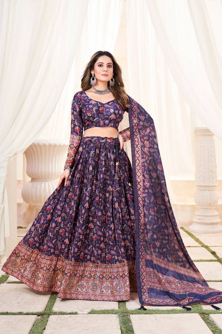 Navyblue Crush Chinon Printed Lehenga With Zabuki Work With unstitched Blouse 