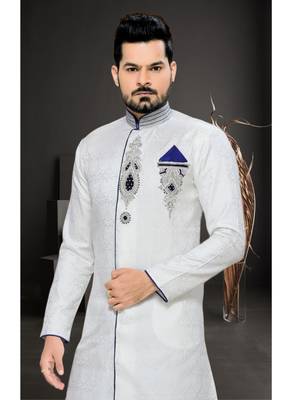 White Embroidered Jacquard Stitched Sherwani 4