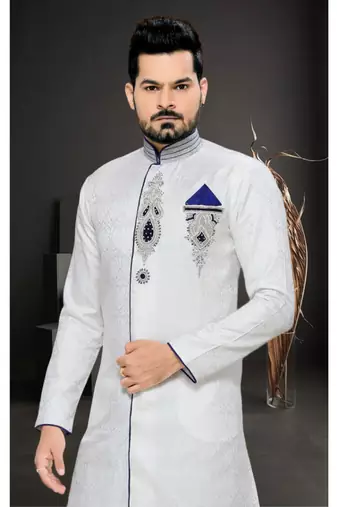 White Embroidered Jacquard Stitched Sherwani