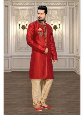 Maroon Plain Jacquard Stitched Sherwani 2
