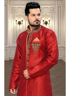 Maroon Plain Jacquard Stitched Sherwani 3