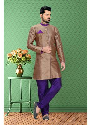 Brown Plain Art Silk Stitched Sherwani 2