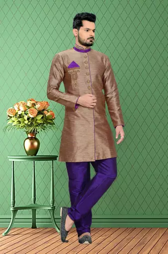 Brown Plain Art Silk Stitched Sherwani