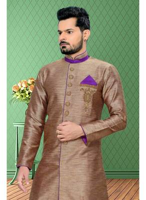 Brown Plain Art Silk Stitched Sherwani 3