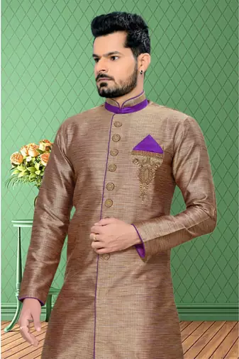 Brown Plain Art Silk Stitched Sherwani