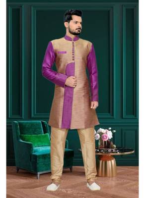 Copper Plain Art Silk Stitched Sherwani 2