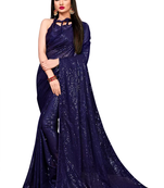 Navy Blue Georgette Sequenced Saree With Blouse Piece.