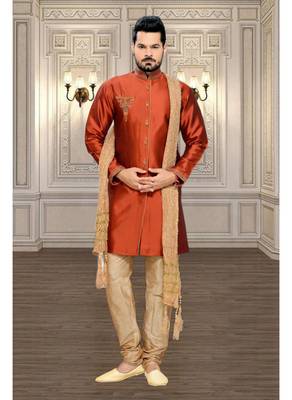 Orange Embroidered Art Silk Stitched Sherwani 2