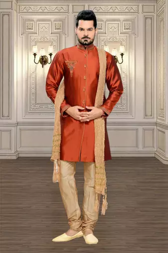 Orange Embroidered Art Silk Stitched Sherwani