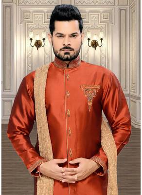 Orange Embroidered Art Silk Stitched Sherwani 3