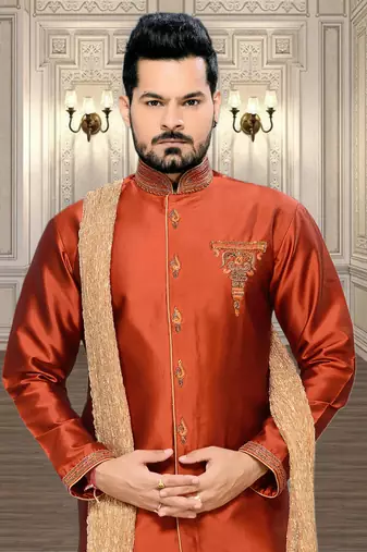 Orange Embroidered Art Silk Stitched Sherwani